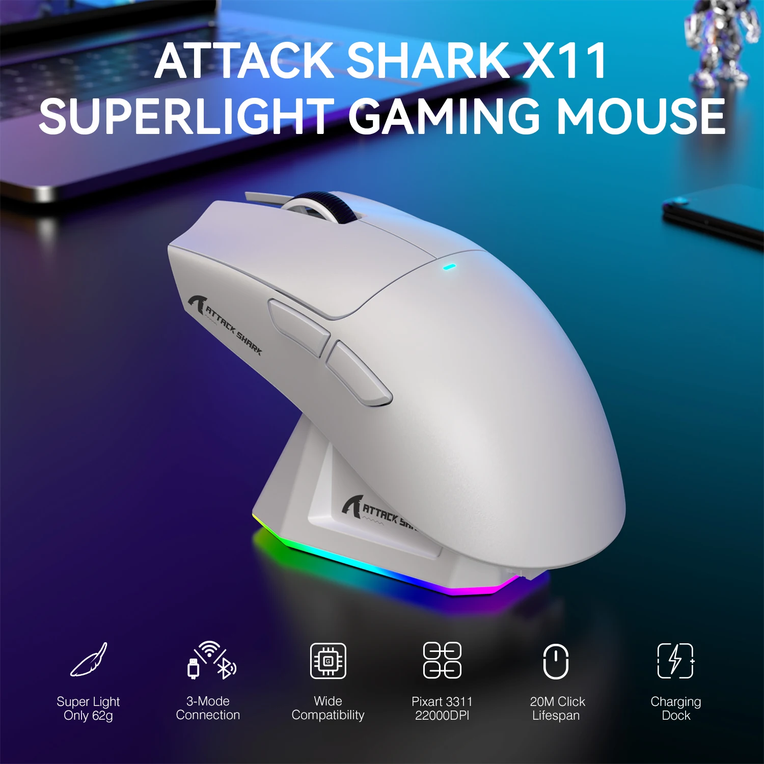 ATTACK SHARK X11 Leichte kabellose Gaming-Maus mit RGB-Hintergrundbeleuchtung, bis zu 22.000 DPI, optischer PAW3311-Sensor, HUYU-Switch Image