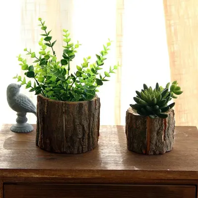Vintage Round Table Decoration Plant Pot Style Wooden Desktop Flowerpots Fake Tree Bark Succulent Plants Container