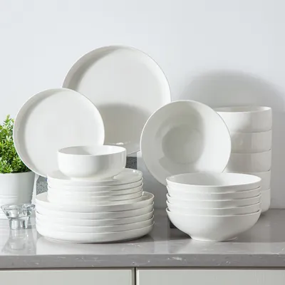 MALACASA 16/32 Piece White and black Rim Porcelain Dinnerware Set Curved Edge with 4 pcs dinner plate/Dessert Plate/Soup/Bowl