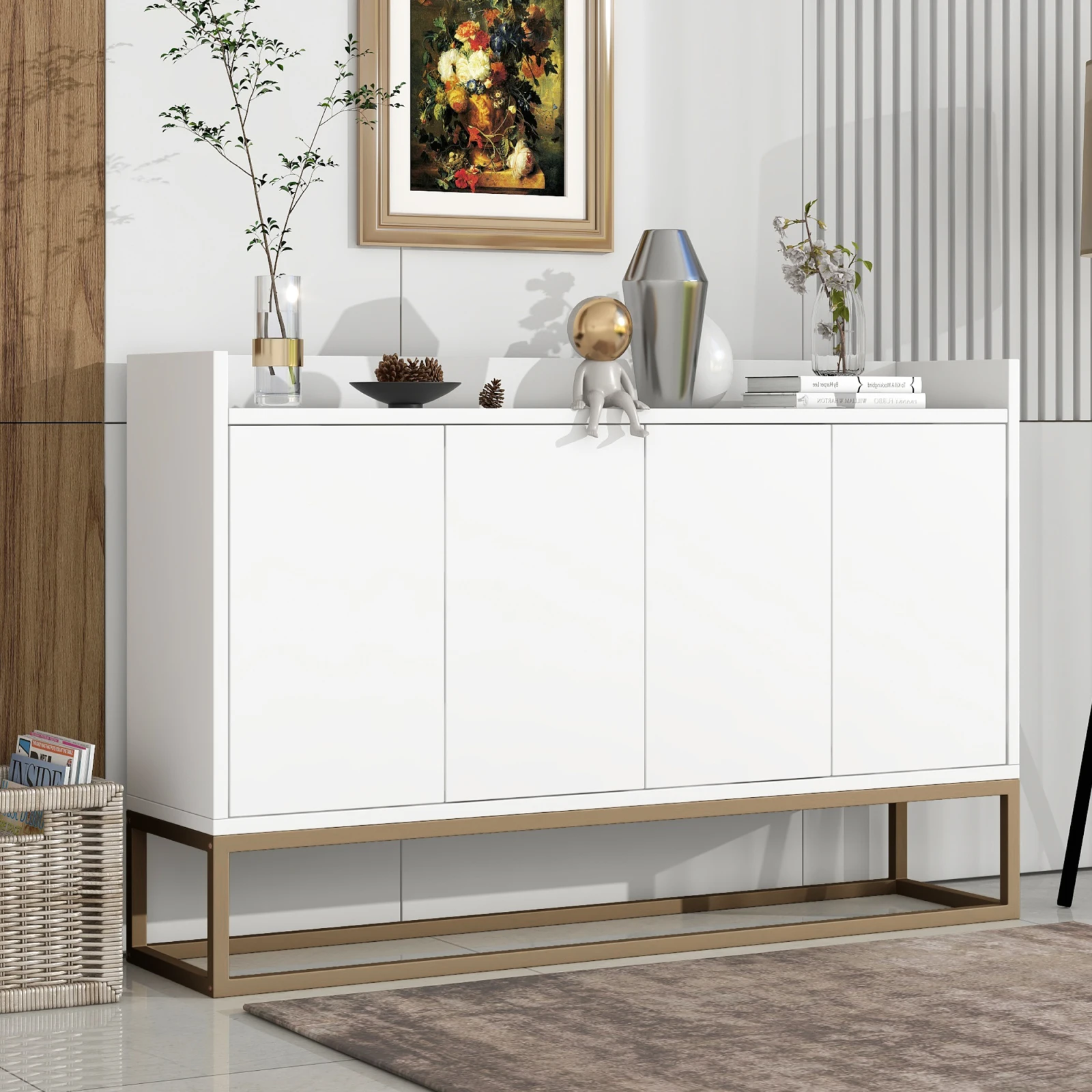 Rosahqnda Modernes, minimalistisches Sideboard mit 4 Türen, Lagerschränke, Schließfächer, griffloses Buffetschrank für Esszimmer