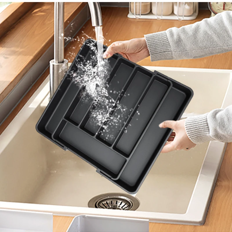 Verstellbarer Speisekammer-Organizer, Besteck-Schublade für Gabeln, Messer, Besteck, erweiterbare Küchenschublade, Küchen-Organizer-Tablett Image