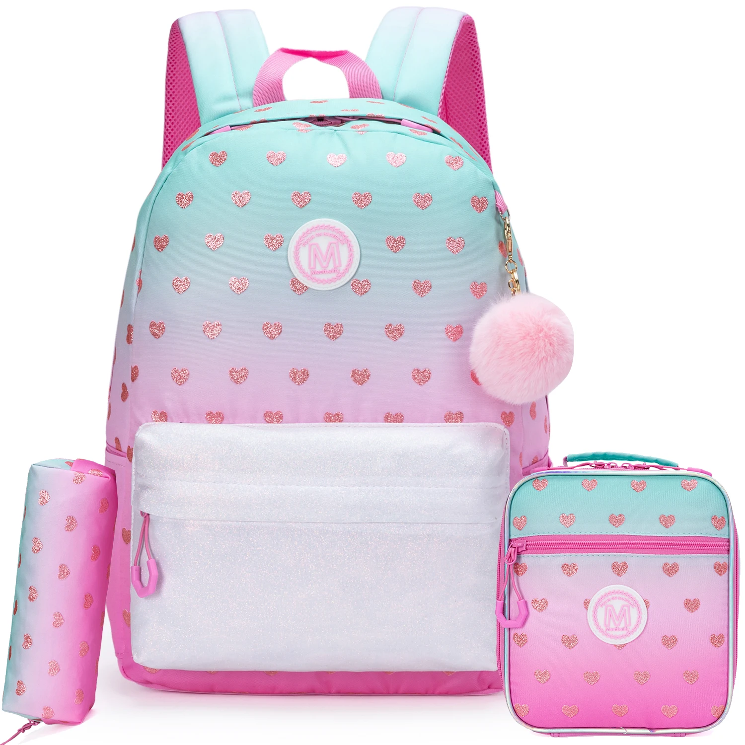 Nouveau mignon marquage à chaud amour sac à dos pochette d'ordinateur filles sac à dos avec sac à déjeuner et Penbag pour l'école voyage pique-nique
