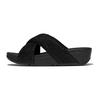 Pantolette FITFLOP "LULU CRINKLED SHIMMER", Damen, Gr. 42, schwarz, Synthetik, Textil, Glitzer, modisch, Schuhe, Slides, Badeschuh, Abendmode mit Glitter