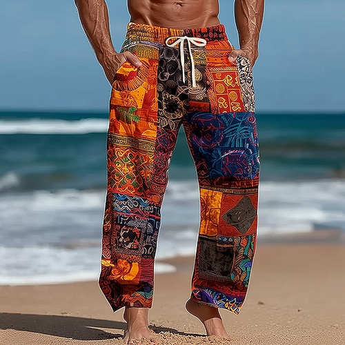 Herren Geometrisch Farbblock Ethnisch Hose Baggy-Hosen Freizeithose Mittlere Taille Böhmische Vintage-Retro Outdoor Urlaub Elastischer Kordelzug in der Taille Leinenähnliche Hose mit Taschen Sommer Image