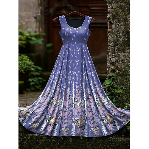 Damen Maxikleid Sommerkleid A Linie Kleid Unterkleid Faltenkleid Urlaub Lässig Boho Strand Normale Passform Grafik Ärmellos U-Ausschnitt Schwarz Violett Purpur Grün Sommer Frühling Image