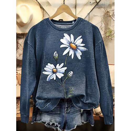 Damen Sweatshirts Druck Grafik Tiermotiv Lässig Langarm Rundhalsausschnitt Normale Oberteile Lässig Straße Alltagskleidung Blau Purpur Grün Herbst Winter