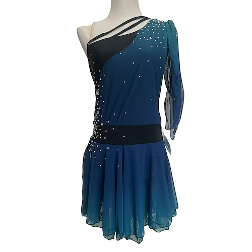 Eiskunstlaufkleid Damen Mädchen Eislaufen Kleid Outfits Blau Netzstoff Spandex Hohe Elastizität Wettbewerb Eiskunstlaufkleidung Kristall / Strass Kurzarm Eislaufen Eiskundstlauf Image