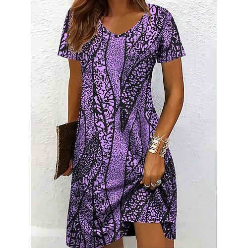Damen Minikleid Sommerkleid Strickkleid Freizeitkleid T-Shirt-Kleid Urlaub Lässig Normale Passform Grafik Geometrisch Abstrakt Kurzarm V Ausschnitt Blau Schwarz und Weiß Gelb Rosa Sommer Frühling