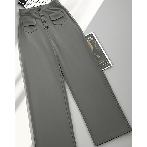 Damen Weites Bein Stoffhosen Gerade Streetwear Lässig Volle Länge Natürliche Taille Einfach Tasche Elastischer Bund Schnalle Bequem Outdoor Straße Ausgehen Apfel Grün Dunkelgrau Rot orange Waldgrün Image