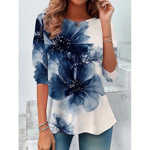 Damen T-Shirt Langarm Rundhals Langarm Tunika Blumengrafik Pflanzen Lässig Rundhals Reguliäre Oberteile Tagesdruck Weiß Blau Beige Herbst Vorherbst Image