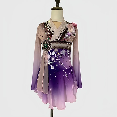 Eiskunstlaufkleid Damen Mädchen Eislaufen Kleid Purpur Daumenloch Halo-Färbung Netzstoff Spandex Dehnbar Training Übung Professionell Eiskunstlaufkleidung Thermowarm Klassisch Kristall / Strass Image