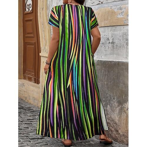 Damen Maxikleid A Linie Kleid Lässig Outdoor Strand Lässiger Schnitt Gestreift Kurzarm V Ausschnitt Rosa Rote Blau Purpur Sommer Frühling