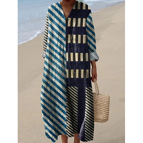 Damen Midi Kleid V-Ausschnitt Lange Ärmel Kaftan Leicht Lockerer Schnitt A-Linien Kleid Lässig Boho Ausgehen Grafisch Geometrisch Abstrakt Lange Ärmel V-Ausschnitt Dunkelgelb Schwarz Hellgrün Pink Image