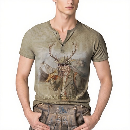 Lederhosen T-Shirt Match Henley-Shirt Bayerisch München Deutsch alpin Erbe T-Shirt Ärmel Grafik für Herren Erwachsene 3D-Druck für Karneval Oktoberfestbier Party Image
