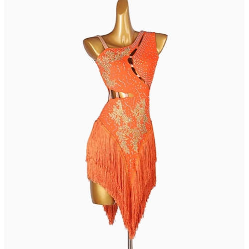 Lateinamerikanischer Tanz Kleid Quaste Kristalle / Strasssteine Damen Leistung Alltagskleidung Ärmellos Spandex Image