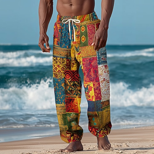 Herren Farbblock Patchwork Ethnisch Hose Freizeithose Baggy-Hosen Mittlere Taille Vintage-Retro Outdoor Urlaub Elastischer Kordelzug in der Taille Leinenähnliche Hose mit Taschen Sommer Frühling Image