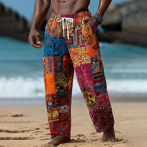 Herren Geometrisch Farbblock Ethnisch Hose Baggy-Hosen Freizeithose Mittlere Taille Vintage-Retro Outdoor Urlaub Elastischer Kordelzug in der Taille Leinenähnliche Hose mit Taschen Sommer Frühling Image