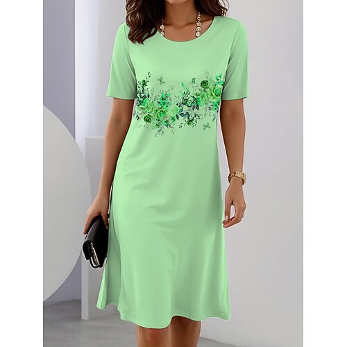 Damen Elegantes Party Abend Midi Kleid Rundhalsausschnitt Kurzarm Shift Kleid Sommer Kleid Lässig Täglich Reguläre Passform Blumengrafik Weiß Rosa Blau Grün Sommer Frühling Herbst Image