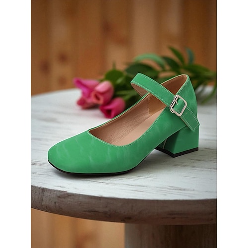 Lilafarbene Mary-Jane-Pumps mit Blockabsatz für Damen – elegante Pumps aus Kunstleder mit runder Spitze und verstellbarem Riemen für Damen, ideal für tägliche Ausflüge, Schulveranstaltungen oder das Büro Image