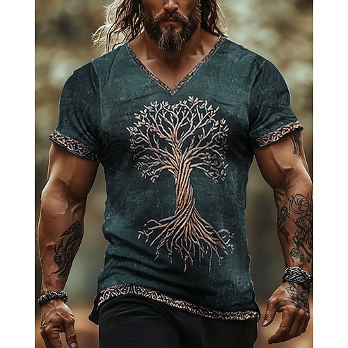 Herren T Shirt T-Shirt Kurzarmshirt Kurzarm V Ausschnitt Sommer Wikinger Baum des Lebens Yggdrasil Vintage Designer Ethno-Stil Druck Urlaub Straße Ausgehen Blau Khaki Dunkelblau Top T-Shirt für Herren Image