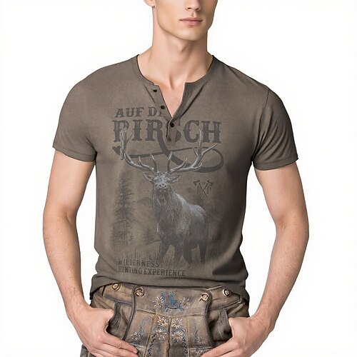Lederhosen T-Shirt Match Henley-Shirt Bayerisch München Deutsch alpin Erbe T-Shirt Ärmel Grafik für Herren Erwachsene 3D-Druck für Karneval Oktoberfestbier Party Image
