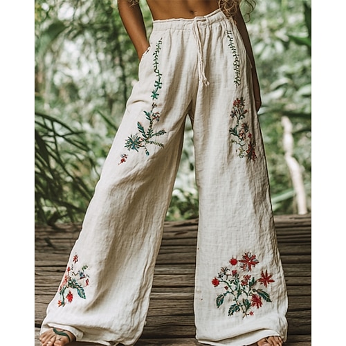 Damen Weites Bein Hosen Hose Palazzo-Hose Lässig Boho Volle Länge Hohe Taille Blume Kordelzug Elastischer Bund Druck Atmungsaktivität Bequem Straße Alltagskleidung Ausgehen Kaltes Weiß Weiß Gelb Rot Image