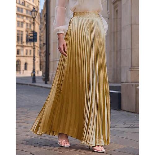Damen Satinröcke Mode Lang Maxi Hohe Taille Röcke Einfarbig Gerafft Plissiert Schimmernd Mikroelastisch Täglich Ferien Silber Pfauenblau Marineblau Schwarz Frühling, Herbst, Winter, Sommer Image
