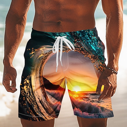 Herren Optische Täuschung Ozean Sonnenuntergang Badehosen Badeshorts Boardshorts Mittlere Taille Streetwear Hawaiianisch Urlaub Seitentaschen Netzfutter Elastischer Kordelzug in der Taille Designer Image