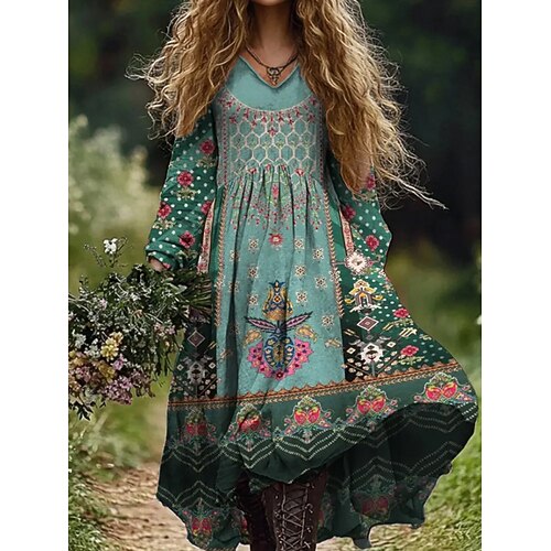 Damen Maxi-Kleid Boho A-Linie Kleid Urlaub Lässig Ausgehen Strand Lockere Passform Floral Grafik Paisley Langarm V-Ausschnitt Tiefgrün Schwarz Weinfarbe Sommer Frühling Herbst Image
