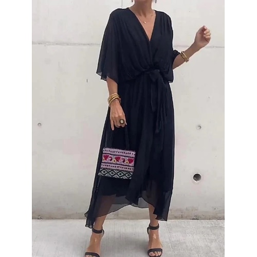 Damen Midikleid Cocktailkleid Kleid für Hochzeitsgäste Chiffon Mode Modern Fledermaus Ärmel Outdoor Urlaub Normale Passform Einfach Dreiviertelarm V Ausschnitt Blau Schwarz Weiß Grau Sommer Frühling Image