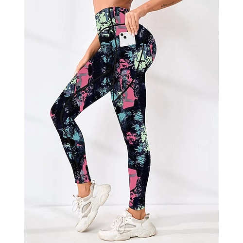 Damen Capri Leggings Yoga-Leggings Mit Taschen Bauchkontrolle Hohe Taille Fitnessstudio sportlich Pilates Unterteile Druck Schwarz Herbst Sport Sportkleidung Enge Passform Image