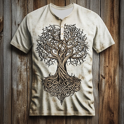 Herren Baum Muster T Shirt Henley Hemd Kurzarm Vintage Designer Retro Vintage Lässig Täglich Straße Sommer Frühling Ganzjahres Rosa Hellblau Weiß Grün Hell Gray Henley Henley T-Shirt Image