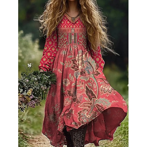 Damen Maxi-Kleid Boho A-Linie Kleid Urlaub Lässig Ausgehen Strand Lockere Passform Floral Grafik Paisley Langarm V-Ausschnitt Tiefgrün Schwarz Weinfarbe Sommer Frühling Herbst Image