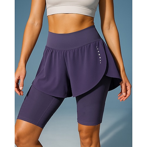 Damen Laufhose Lang Kurz Trainingsshorts 2 in 1 Hohe Taille Unterteile Fitnessstudio Athleisure Trainieren Sommer Schnelltrocknend Atmungsaktiv Fitnesstraining Outdoor Laufen Enge Passform Image
