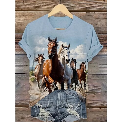 Damen T Shirt Druck Grafik Tiermotiv Pferd Vintage Stilvoll Klassisch Kurzarm Rundhalsausschnitt Rundhals Normale Oberteile Täglich Wochenende Blau Schwarz Weiß Staubiges Blau Sommer Frühling