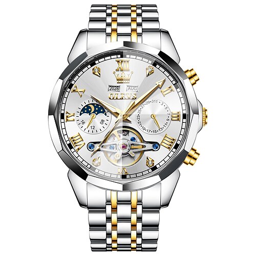 OLEVS Herren Mechanische Uhr Außenbereich Mode Lässig Armbanduhr Automatische Selbstaufzug Mondphase leuchtend Ewiger Kalender Stahl Beobachten Image