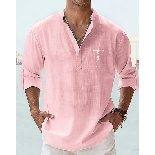 Herren Hemd Leinenhemd Popover-Hemd Freizeithemd Baumwollhemd Kreuz Urlaub Hawaiianisch Schwarz Weiß Gelb Rosa Langarm Stehkragen Frühling Herbst Bekleidung Druck Image