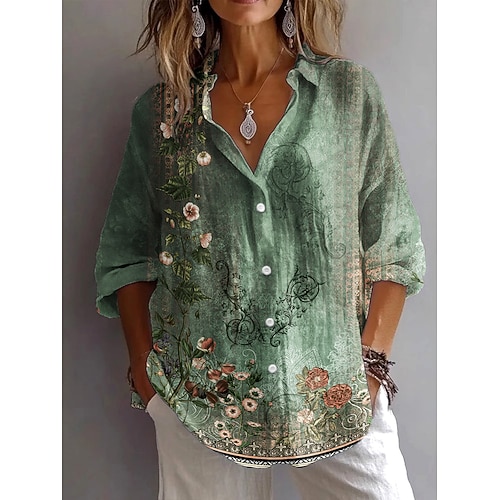 Damen Hemd Button Down Tunika Hemd Kragen Langarm Ombre Floral Grafik Vintage Alltag Stylisch V-Ausschnitt Regelmäßige Oberteile Arbeit Alltag Feiertag s Druck Salbeigrün Blau Lila Frühling Herbst Image