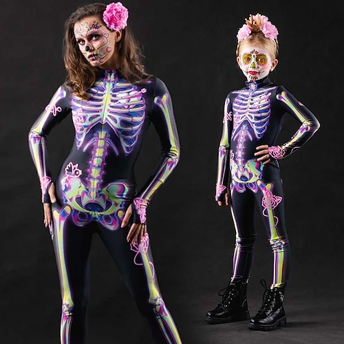 Totenkopf Skelett Zuckerschädel Bodysuit Halloween Gruppen Paarkostüme Ganzkörper Catsuit Gruselkostüm Herren Damen Jungen Kinder Erwachsene Performance Party Club Halloween Karneval Tag der Toten Image