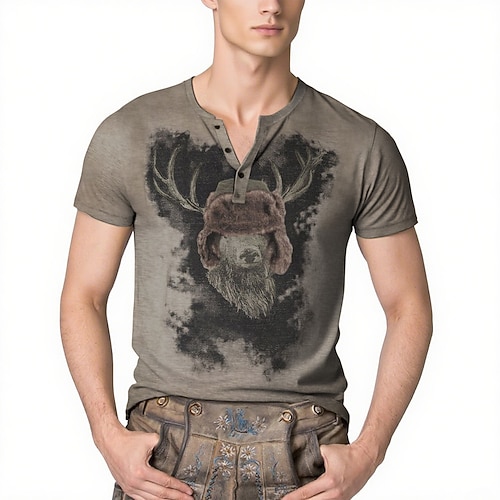 Lederhosen T-Shirt Match Henley-Shirt Bayerisch München Deutsch alpin Erbe T-Shirt Ärmel Grafik für Herren Erwachsene 3D-Druck für Karneval Oktoberfestbier Party Image