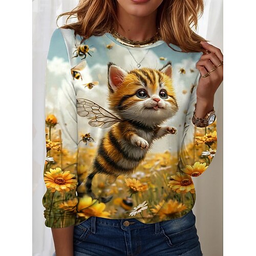 Damen T-Shirt Rundhalsausschnitt Langarm Tunika Floral Graphic Katze Vintage Stilvoll Klassisch Rundhals Reguläre Oberteile Täglicher Wochenende Druck Weiß Gelb Pink Blau Khaki Frühling Herbst Image