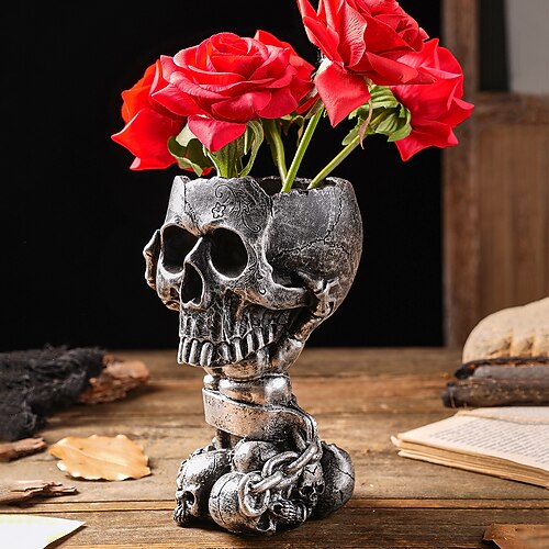 Halloween-Skelett-Pflanzgefäß aus Kunstharz, Dekoration für die Statue eines Totenkopfs in der Hand, Blumentopf im Vintage-Stil, gotische Gartendekoration für Halloween, Hof, Terrasse, Spukhaus, Image