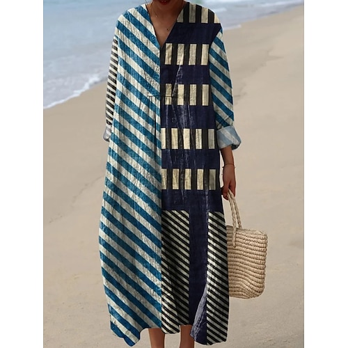 Damen Midi Kleid V-Ausschnitt Langarm Kaftan Leicht Lockerer Schnitt A-Linien Kleid Lässig Boho Ausgehen Lockerer Schnitt Grafisch Geometrisch Langarm V-Ausschnitt Gelb Hellbraun Blau Orange Herbst Image