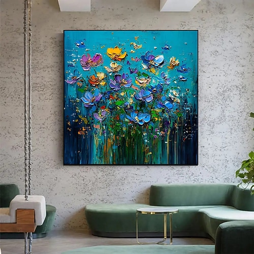 handgefertigtes Ölgemälde, Wandkunst, Dekoration, modern, abstrakt, blauer Hintergrund, dickes Ölgemälde, Blumen, für Zuhause, Esszimmer, Dekoration, gespannter Rahmen, hängendes Gemälde/gerollte Image