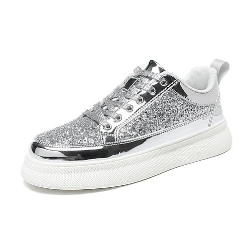 Herren Sneaker Spaziergang Lässig PU Leder Bequem Rutschfest Atmungsaktiv Schnürung Silber Schwarz Gold Sommer Frühling