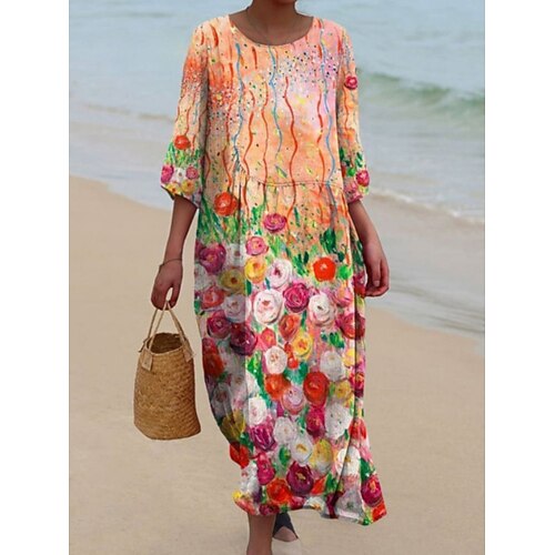 Damen Midikleid Freizeitkleid Druckkleid Vintage afrikanisch Täglich Strand Wochenende Normale Passform Blumen Farbblock Dreiviertelarm Rundhalsausschnitt Gelb Rosa Rote Frühling Herbst Image