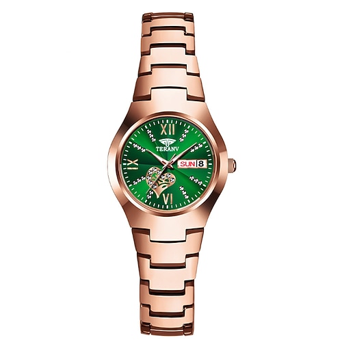 1 Stück neue modische und trendige Damen-Quarzuhr mit Kalender-Datumsanzeige, IPX7-Wasserbeständigkeit, leuchtendes Legierungsarmband, schlichte und dennoch luxuriöse Casual Life Travel Sports Image