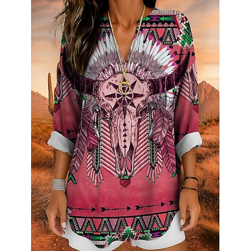 Damenbluse Leinenähnlich Atmungsaktiv Leicht Tunika V-Ausschnitt Langarm Boho Casual Tops Grafisch Geometrisch Totenkopf Bohemia Vintage Tropisch Reguläre Tops Daily Tragen Print Gelb Rot Blau Lila Image