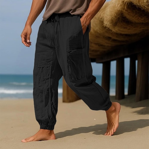 Herren Leinenhosen Hose Sommerhose Baggy-Hosen Elastischer Bund Einfarbig Einfach Komfort Atmungsaktiv Volle Länge Lässig Täglich Ferien Urlaub Mode Schwarz Weiß Mikroelastisch Image