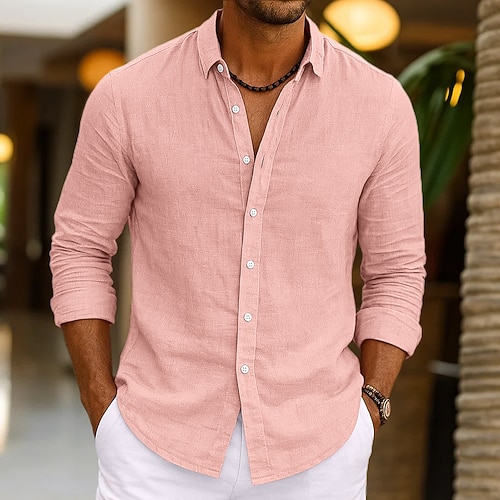 Herren Hemd Leinenhemd Sommerhemd Strandbekleidung Knopfhemd Einfach Urlaub Lässig Schwarz Rosa Marineblau Grün Langarm Umlegekragen Frühling Sommer Bekleidung Image